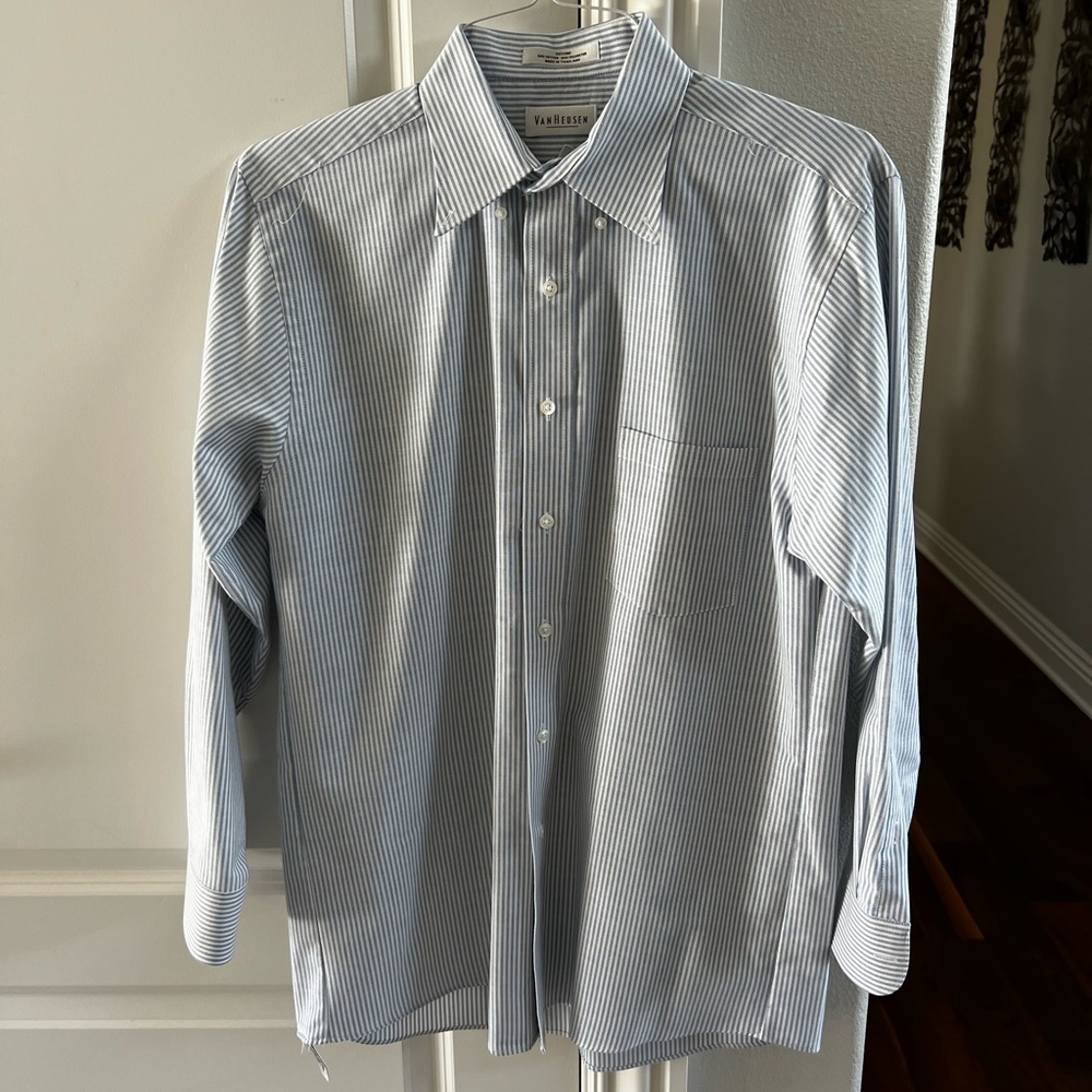 CLEARANCE Men’s Blue and White Striped Button Down Dress Shirt Van Heusen